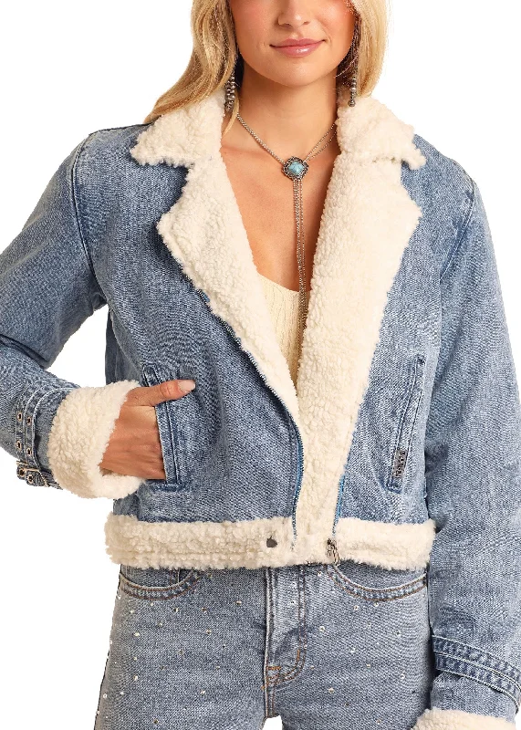 Rock & Roll Denim Women's Sherpa Denim Jacket A-Line Jacket Boat Neck Shawl Collar