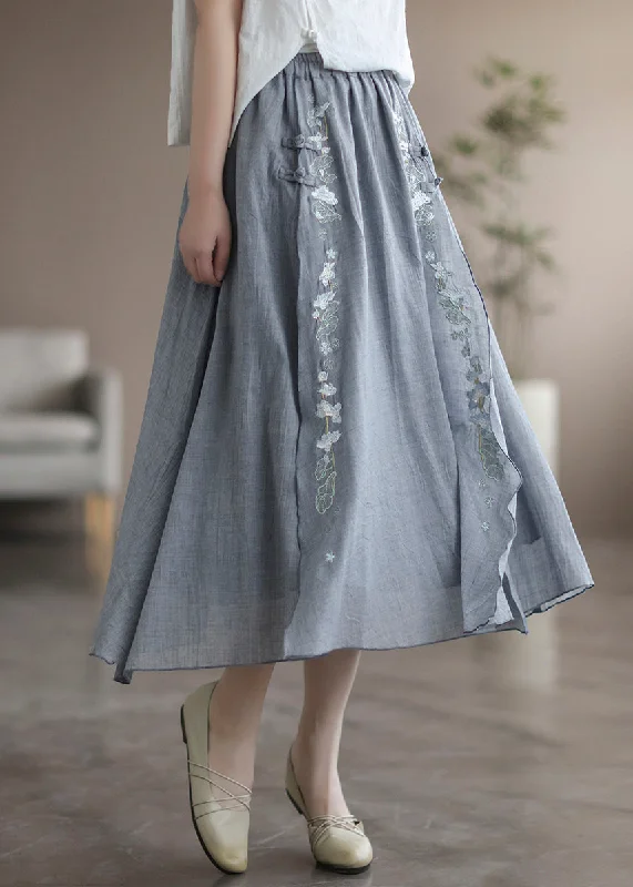 Loose Grey Embroideried Elastic Waist Patchwork Linen Skirt Fall asymmetrical skirt cut