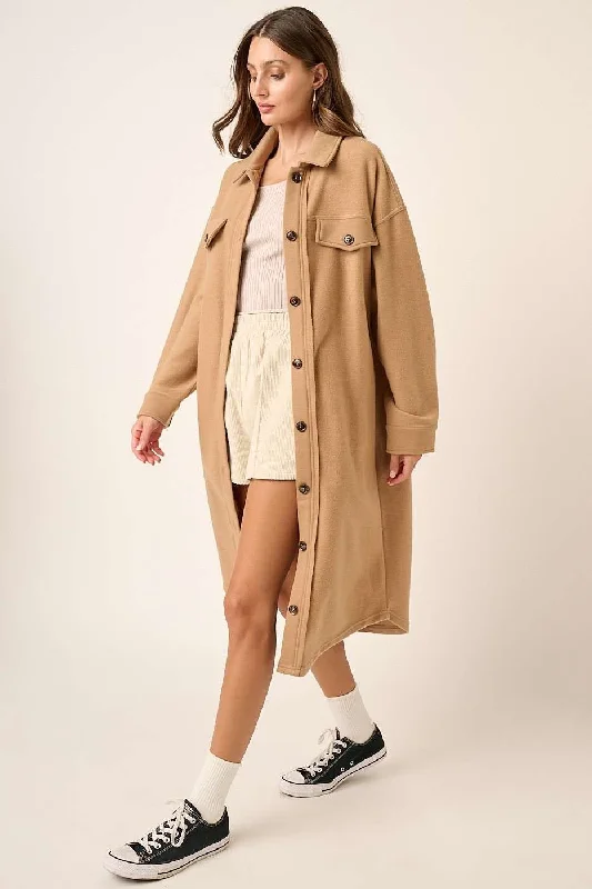 Mittoshop Button Up Drop Shoulder French Terry Longline Jacket In Camel Faux Fur Jacket Real Fur Jacket Shearling Jacket