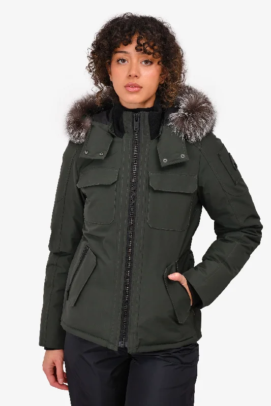 Moose Knuckles Olive Green Down Jacket with Fur Trim Hood Size XS Hooded Jacket Caped Jacket Shawl Collar Jacket