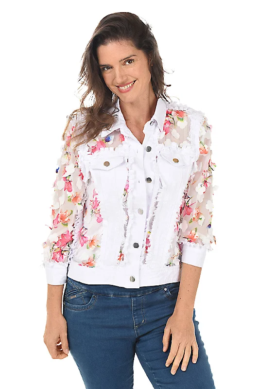 Flower Petal Sheer Distressed Denim Jacket Print Jacket Jacquard Jacket Embroidered Jacket