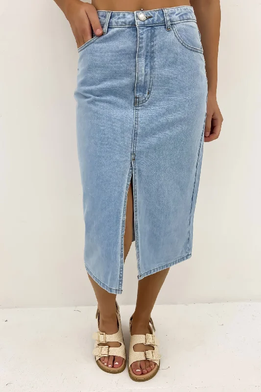 Nate Denim Midi Skirt Light Blue corduroy skirt textured