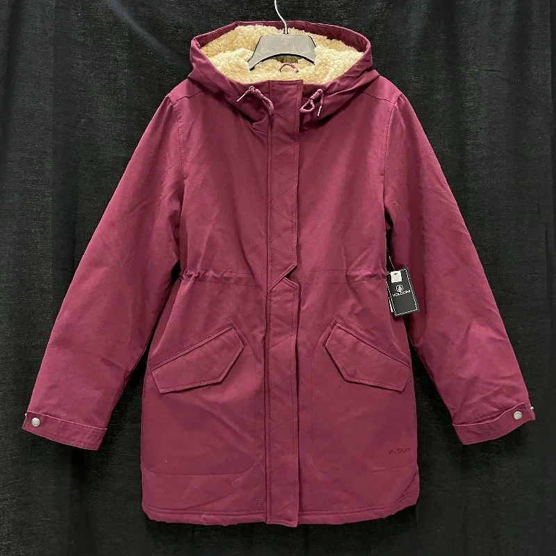 NWT Wmns VOLCOM Burgundy Sherpa Lined Walk On By 5K Canvas Jacket Sz S MSRP$140 Knit Fabric Woven Fabric Fleece Fabric