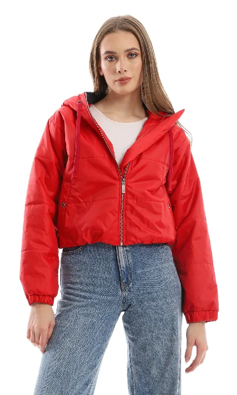 O156252 Hooded Bomber Jacket With Front Zipper - Red Tiered Jacket Buttoned Jacket Zippered Jacket