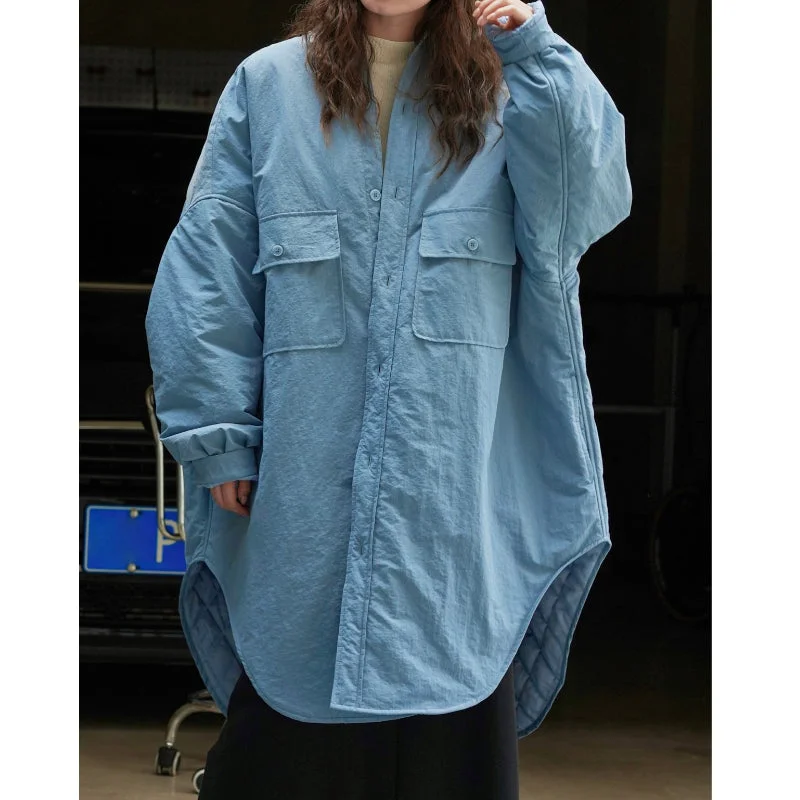 Oversized Shirt-style Loose Warm Cotton Jacket Welt Pockets Slit Pockets Flap Pockets