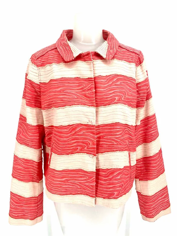 Piazza Sempione Women's Red/Pink Button Down Textured Cotton Blend Stripe Jacket Faux Fur Fabric Real Fur Fabric Shearling Fabric