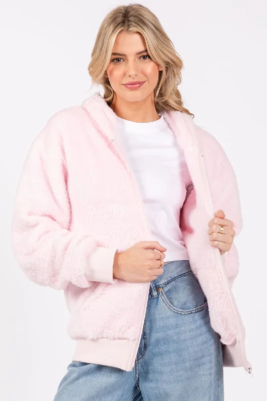 PINK FAUX TERRY FUR KANGAROO POCKET RELAX BOMBER HOODIE JACKET SO3462T Faux Fur Jacket Real Fur Jacket Shearling Jacket