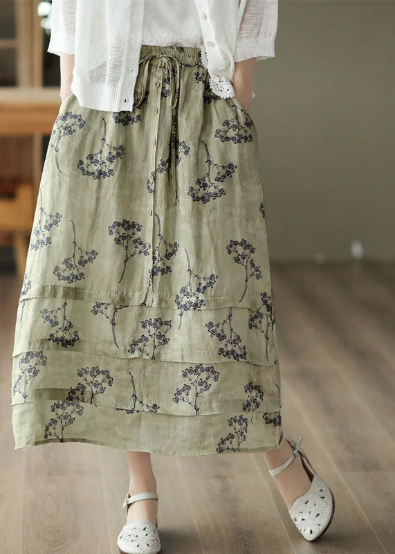 Plus Size Light Green High Waist Patchwork Print Linen Skirt Summer linen skirt natural