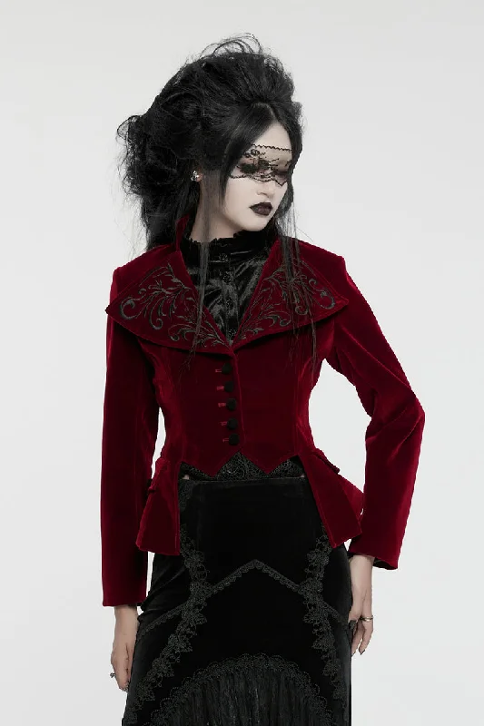 Red Swallow-tailed Velvet Long Sleeves Women's Gothic Jacket Anorak Shell Jacket Lightweight Jacket