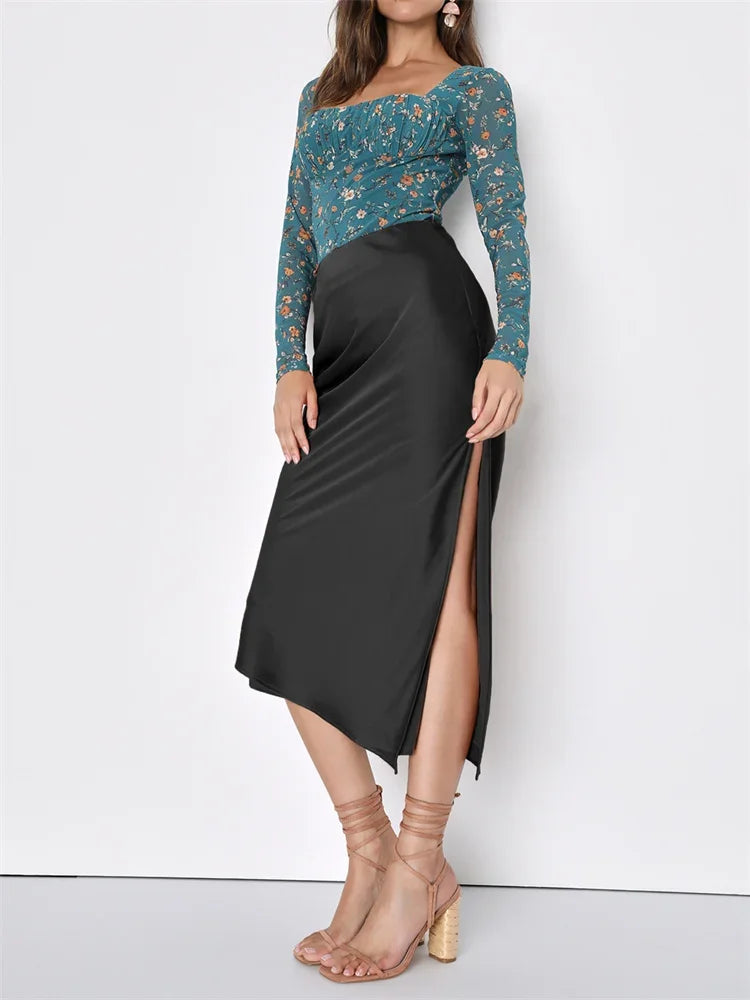 Satin High-Waist Slim Side-Split Patchwork Skirt Bottomt wool skirt sturdy