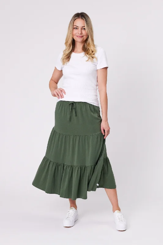 Shine On Essentials Midi Skirt Khaki asymmetrical skirt cut