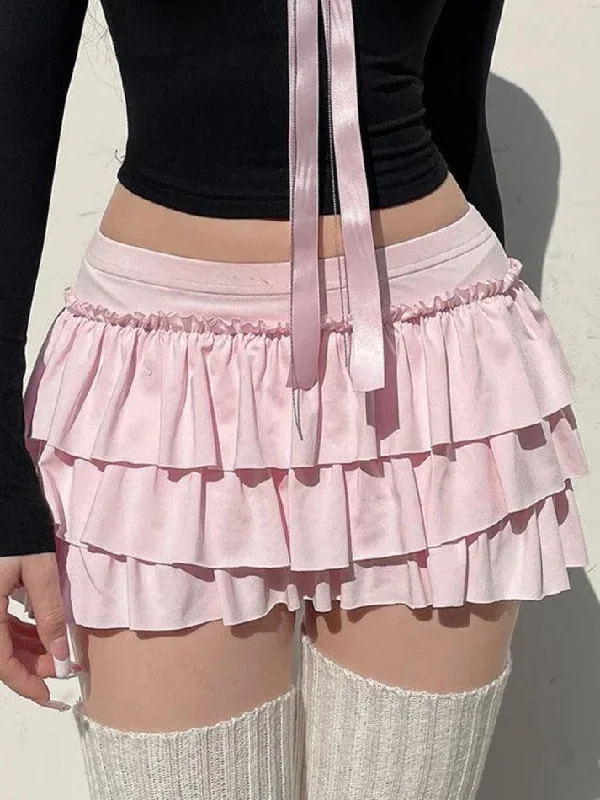 Solid Bow Splice Low Rise Tiered Mini Skirt denim skirt trendy