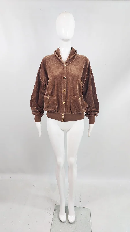 Sonia Rykiel Vintage Womens Brown Velour Bomber Jacket, 1980s Cotton Jacket Linen Jacket Terry Jacket