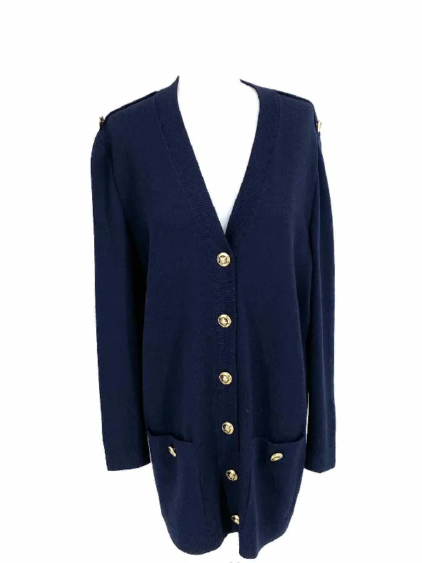 ST. JOHN Women's Navy Santana Knit Buttons Size S Jacket Ribbed Jacket Pleated Jacket Ruffled Jacket