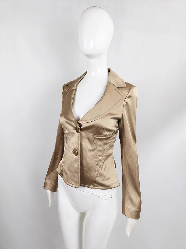 Valentino Vintage Womens Gold Satin Tailored Jacket, 2000s Chenille Jacket Brocade Jacket Lace Jacket