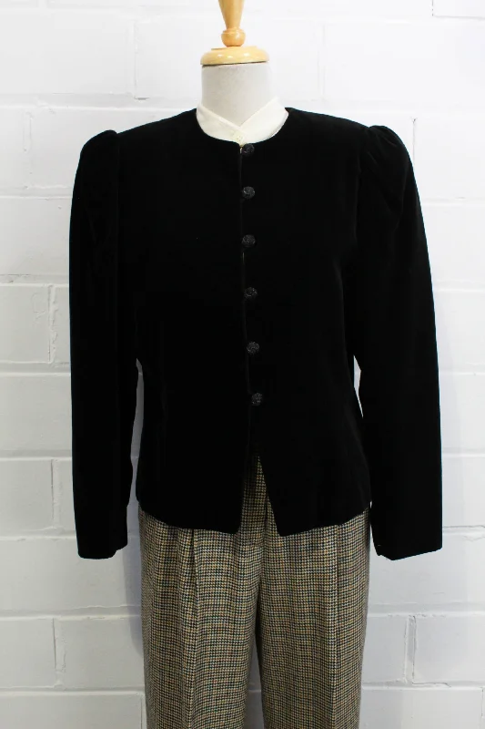 Vintage 1980s Black Velvet Puff Sleeve Jacket, M/L One-Shoulder Jacket Off-the-Shoulder Jacket Asymmetrical Jacket