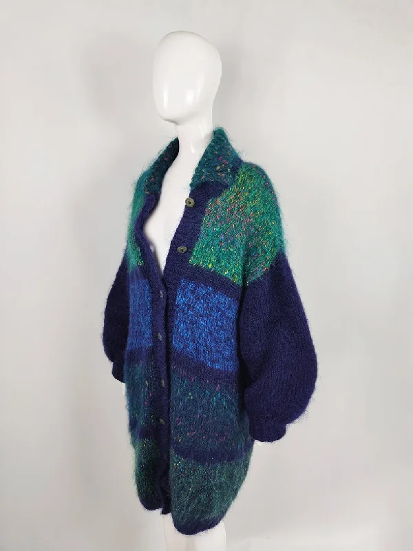 Vintage 1980s Mohair Oversized Fuzzy Checked Jacket Stand-Up Collar Roll-Neck Collar Turtle Neck