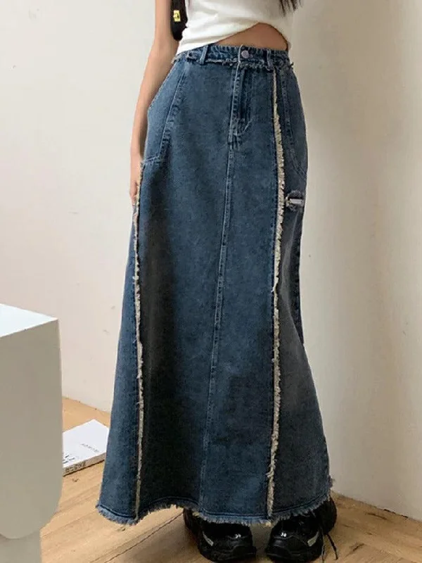 Vintage Raw Edge Splice Slit A Line Maxi Skirt elastic waist skirt