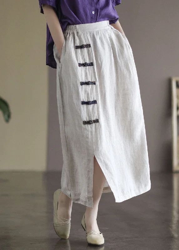 White Pockets Linen A Line Skirts High Waist Oriental Button Summer satin skirt smooth