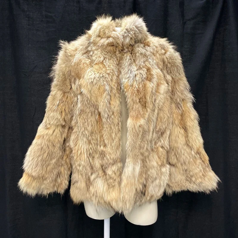 Wmns 60s Vintage A.J. UGENT Tan Genuine Coyote Fur Mock Neck Jacket 40" Bust Notch Collar Peter Pan Collar Cowl Neck