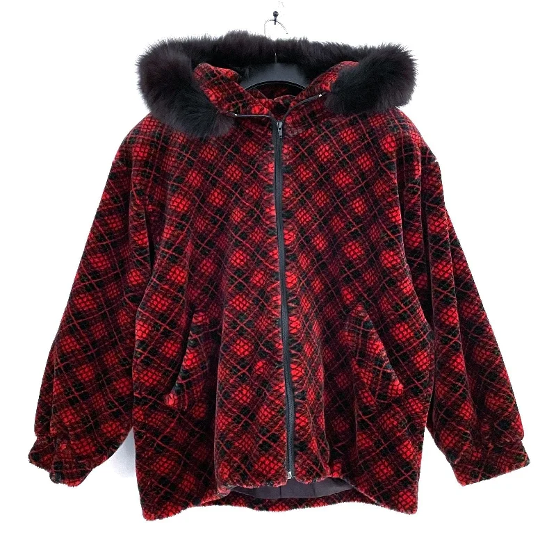 Wmns 80s Vintage HILLMOOR Red Plaid Faux & Genuine Fur Parka Jacket 50" Bust Knit Fabric Woven Fabric Fleece Fabric