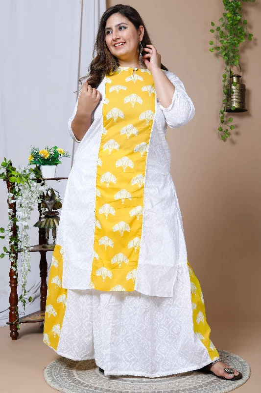 Women's White And Yellow Plus Size Cotton Printed Kurta And Skirt Set - Miravan cashmere skirt rich