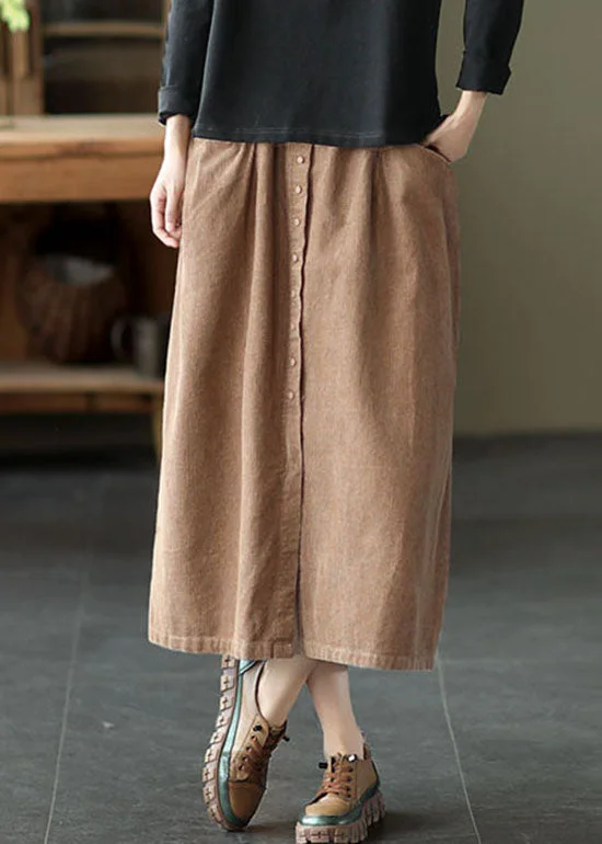 Women Khaki elastic waist button Pockets Corduroy Skirts Spring wool skirt warm