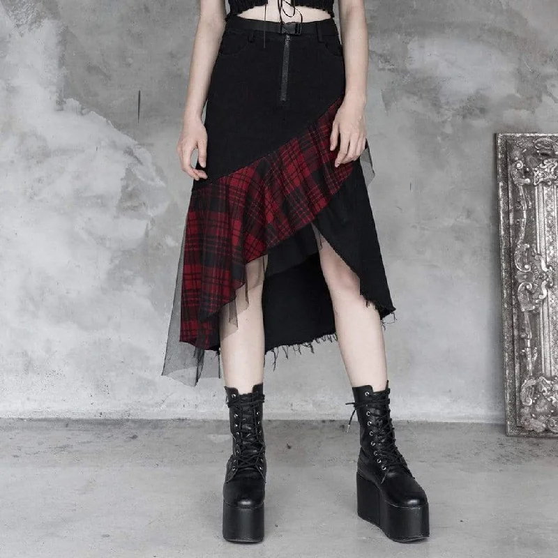 Women's Goth Front Zip High-waisted Plaid Irregular Skirt wool skirt thick