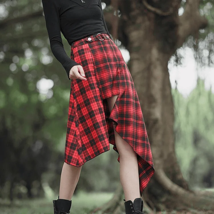 Women's Grunge High-waisted Red Plaid Irregular Skirt breathable skirt fabric