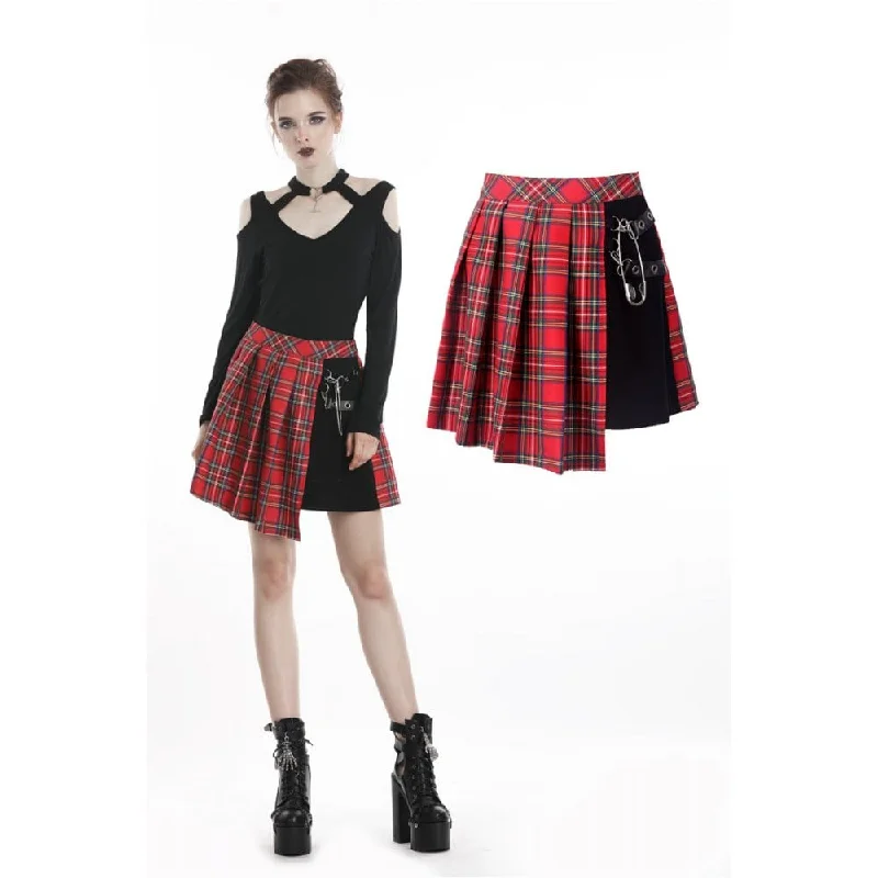 Women's Punk Red Plaid Pleated Skirt linen skirt airy