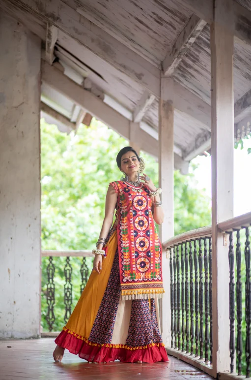 Women's Red Circular Treditional Embroidered Panel Top Paired With Multicolor Flairy Skirt - Mesmora Fashion velvet skirt luxurious